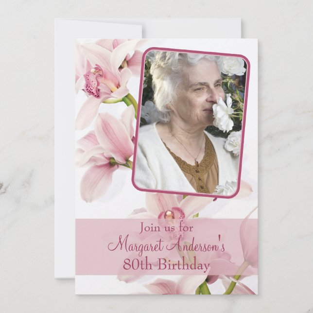80:e födelsedagsinbjudan | Foto | Rosa Orchid Inbjudningar (Framsida)
