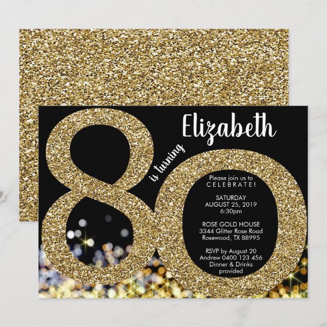 80:e födelsedagsinbjudan i guld - 70:e inbjudan (Fram/baksida)