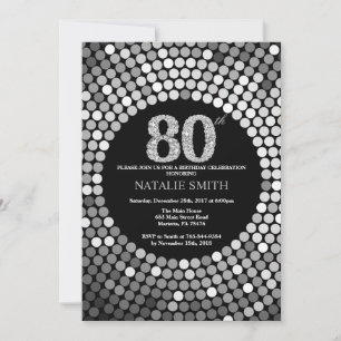 80:e födelsedagsinbjudan Svarta och Silver Glitter Inbjudningar