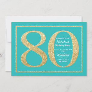 80:e födelsedagsinbjudan Teal och Guld Glitter Inbjudningar