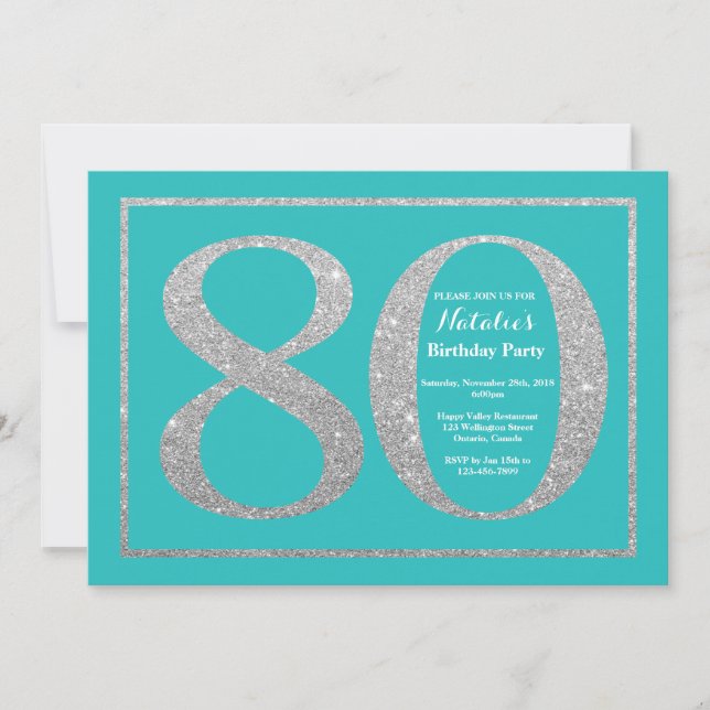 80:e födelsedagsinbjudan Teal och Silver Glitter Inbjudningar (Framsida)