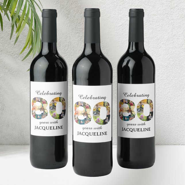 80:e födelsedagsinbjudan till fotomall vinflaska etikett (Personalized 80th birthday wine labels with family photographs collage template.)