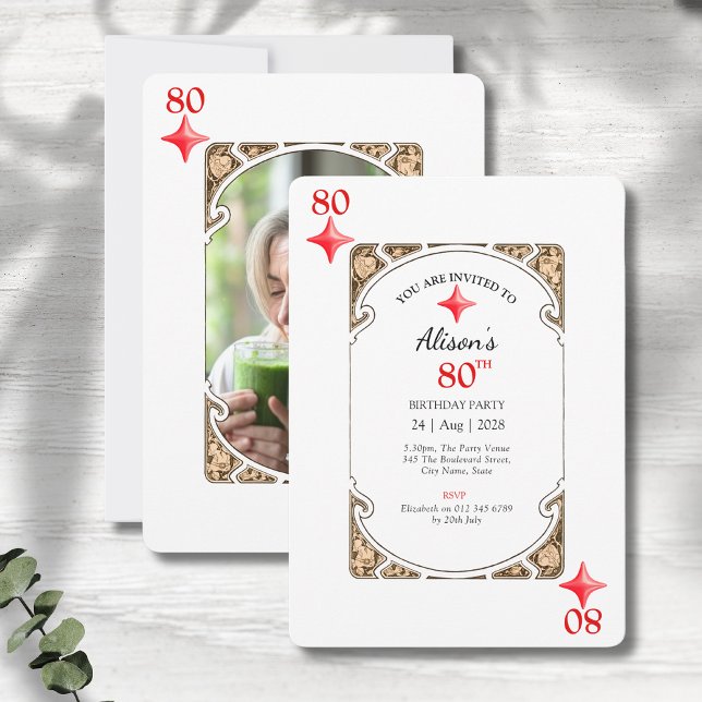 80:e födelsedagsinbjudan till uppspelningskort för inbjudningar (80th birthday invitations in an art deco playing card style design on a grey wood background)