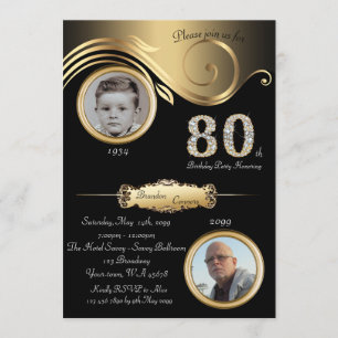 80:e,Födelsedagsman 80:e,elegant konst deco,svart Inbjudningar