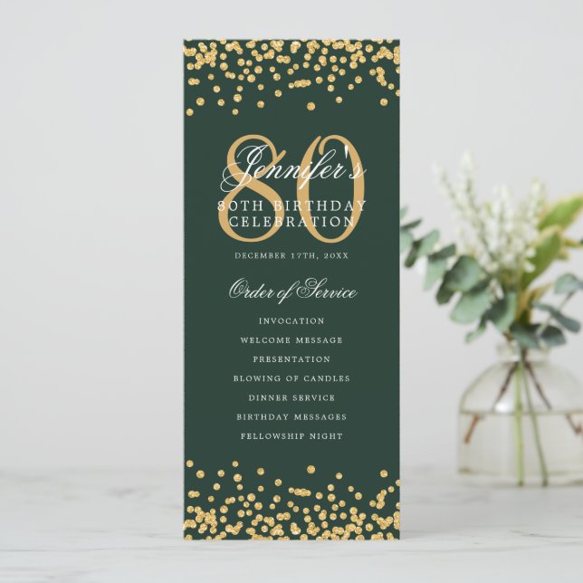 80:e födelsedagsprogrammet Guld Confetti Menu-Grön Inbjudningar (Stående Fram)