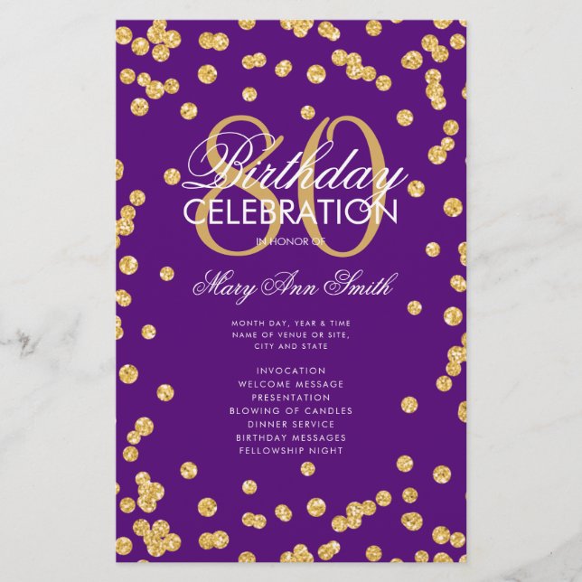 80:e födelsedagsprogrammet Guld Lila Glitter Menu Flygblad (Framsidan)