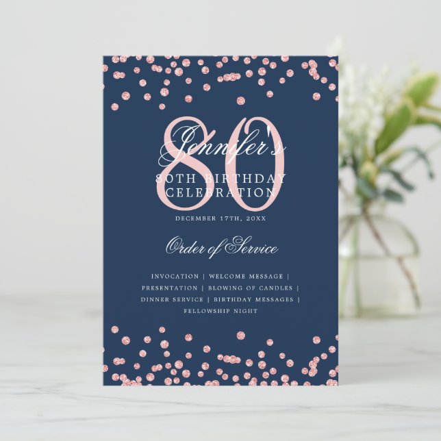 80:e födelsedagsprogrammet Menu Ro Guld marinblått Inbjudningar (Stående Fram)