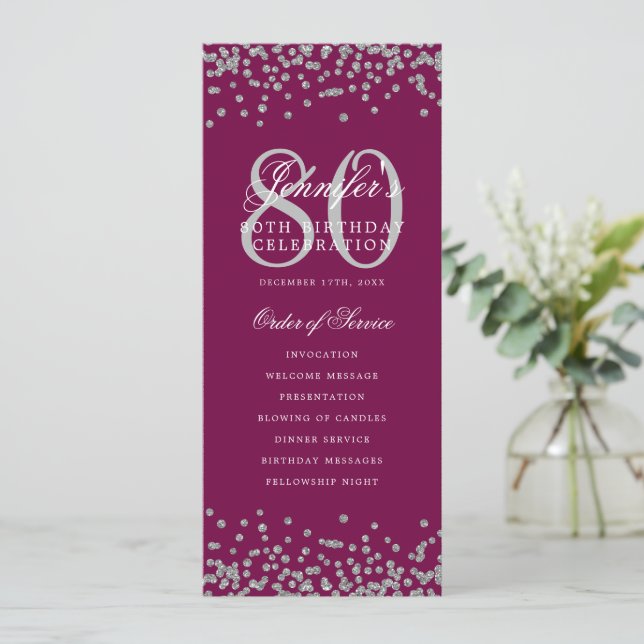 80:e födelsedagsprogrammet Silver Confetti-Magenta Inbjudningar (Stående Fram)