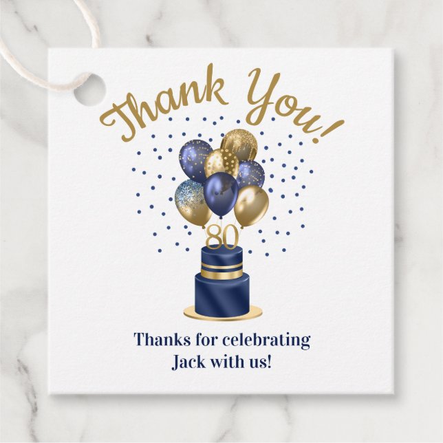 80:e födelsedagstidningen Blue Balloon Cake Tack Gåvor Etiketter (Framsida)