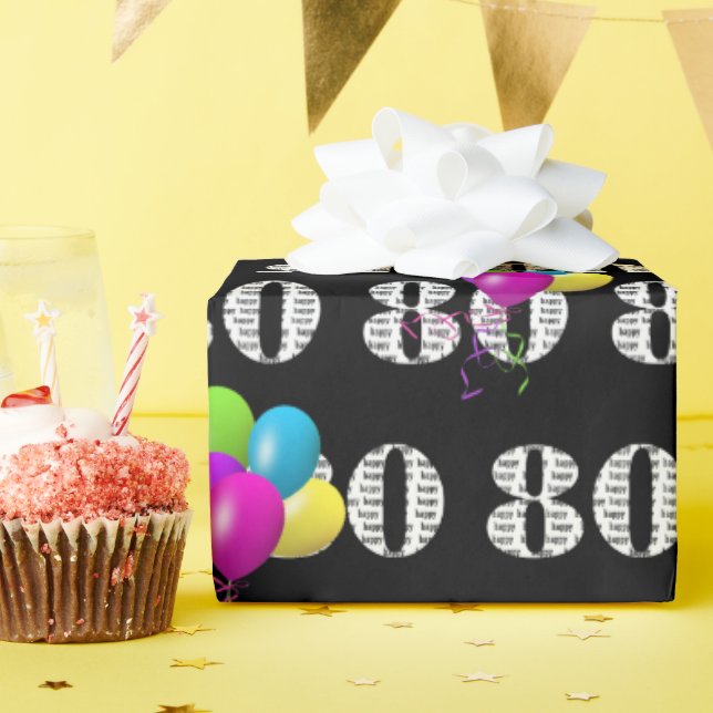 80:e Grattis på födelsedagen-ballongen på svart Presentpapper (Födelsedagsfest)