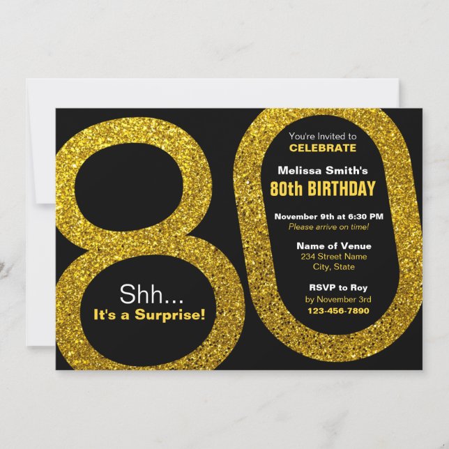 80:e Guld Glitter-födelsedagsinbjudan Inbjudningar (Framsida)