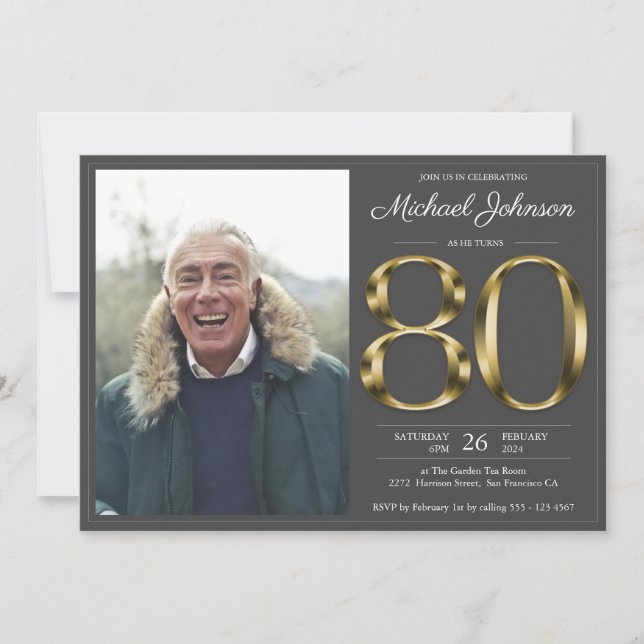 80:e Guld-Mörken Grått-klassfotofödelsedagen Inbjudningar (Framsida)