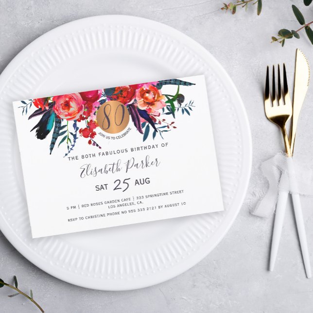 80:e Modern Bho blommigt vattenfärgsfödelsedagsfes Inbjudningar (Skapare uppladdad)