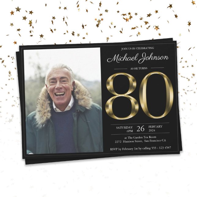 80:e Solid Guld Text Black Classy Photo Birthday Inbjudningar (Skapare uppladdad)