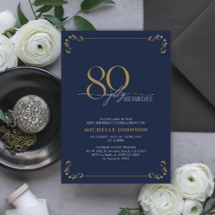 80 & Fabulous Blue & Guld Calligraphy Birthday Inbjudningar