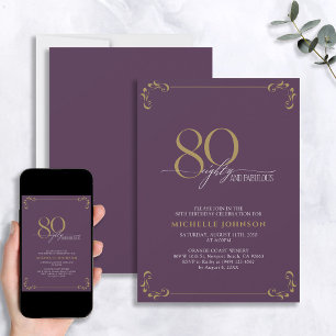 80 & Fabulous Lila & Guld Calligraphy Birthday Inbjudningar