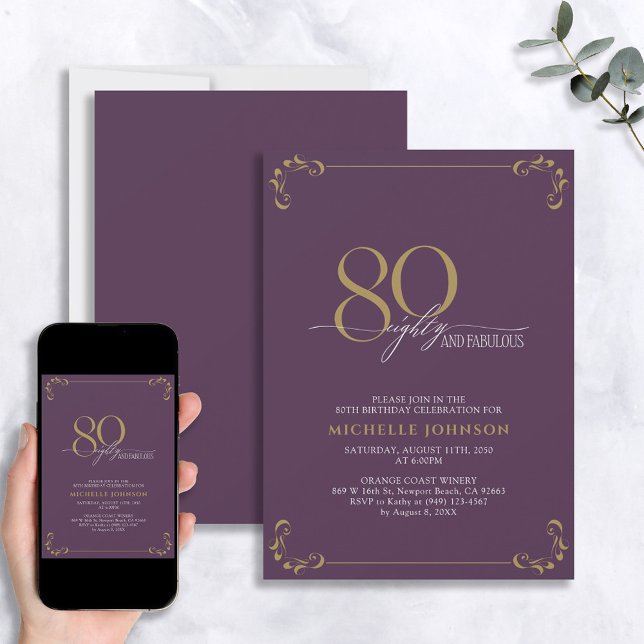 80 & Fabulous Lila & Guld Calligraphy Birthday Inbjudningar (Skapare uppladdad)