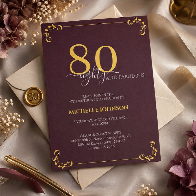 80 & Fantastisk Burgundy Vit & Guld Födelsedag Inbjudningar (Skapare uppladdad)