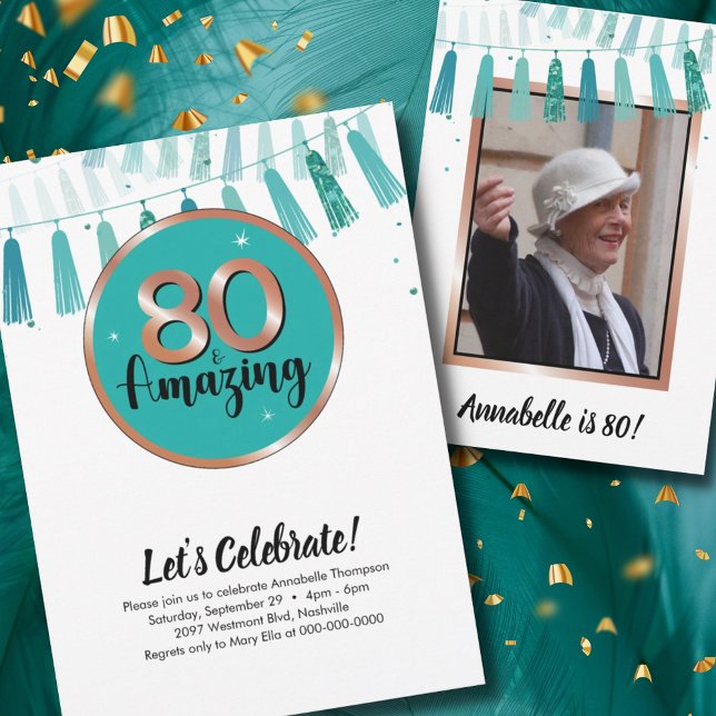 80 & Fantastisk Teal 80:e Födelsedagsfest inbjudan (Skapare uppladdad)