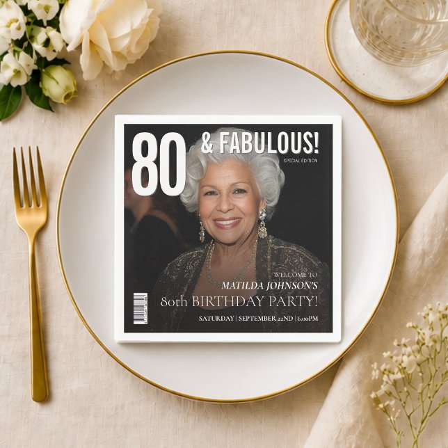 80 fantastisk tidskriftomslag 80-årsdag pappersservett (80 Fabulous Magazine Cover 80th Birthday Napkins)
