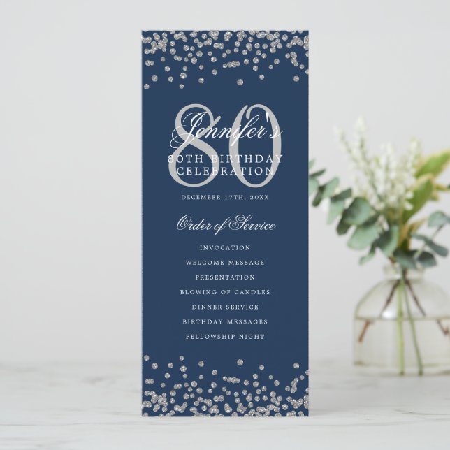 80 Födelsedag: Silver Confetti Menu Blå marinblått Inbjudningar (Stående Fram)