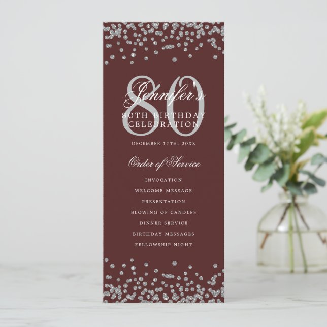 80 Födelsedag: Silver Confetti Menu Burgundy Inbjudningar (Stående Fram)