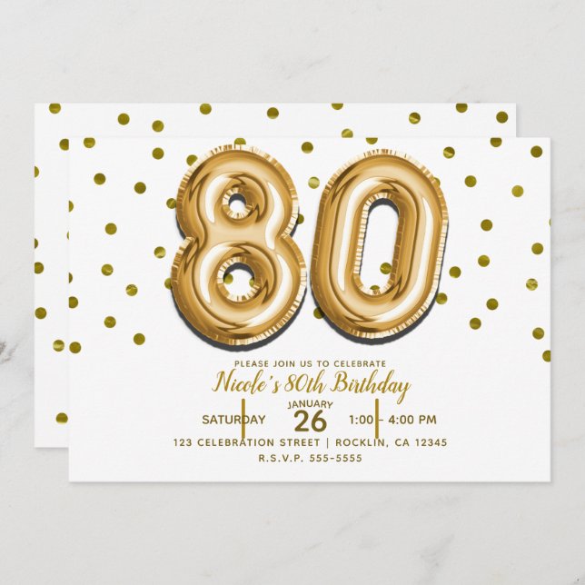 80 Guld-ballonger och konfetti 80:e Födelsedagsfes Inbjudningar (Fram/baksida)