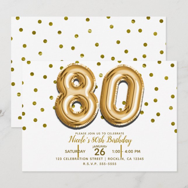 80 Guldbalonger & Konfetti 80-års Födelsedagsfest Inbjudningar (Fram/baksida)