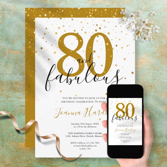 80 och Fabulous Elegant Guld och Black Birthday Inbjudningar (Skapare uppladdad)