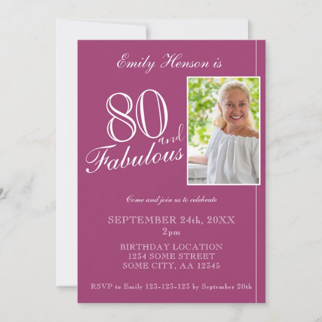 80 och Fabulous Elegant Lila Photo Birthday Inbjudningar (Framsida)