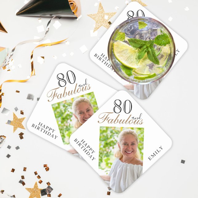 80 och Fabulous Elegant Script Photo 80 Birthday Underlägg Papper Kvadrat (Skapare uppladdad)