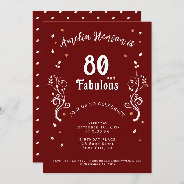 80 och Fabulous Foliage Red 80 Birthday Inbjudningar (Fram/baksida)