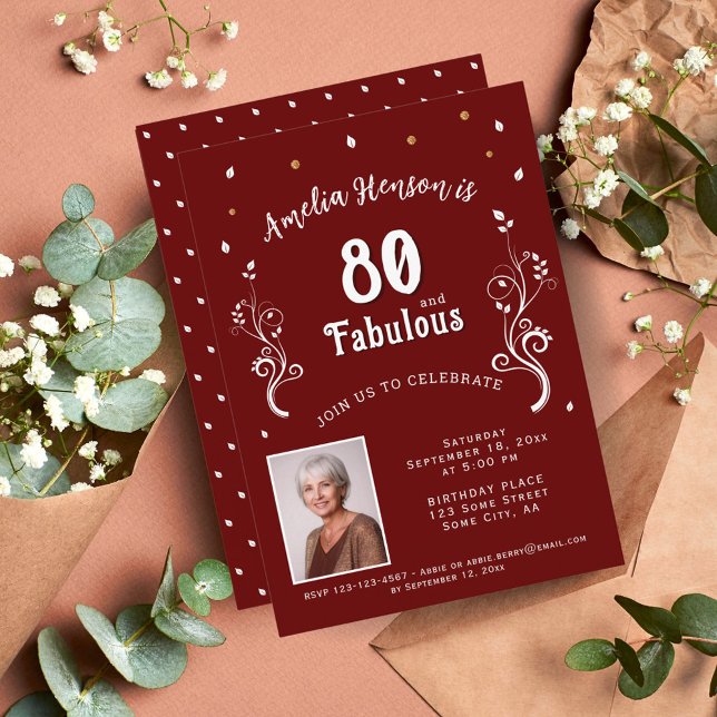 80 och Fabulous Foliage Red 80 Birthday Photo Inbjudningar (Skapare uppladdad)