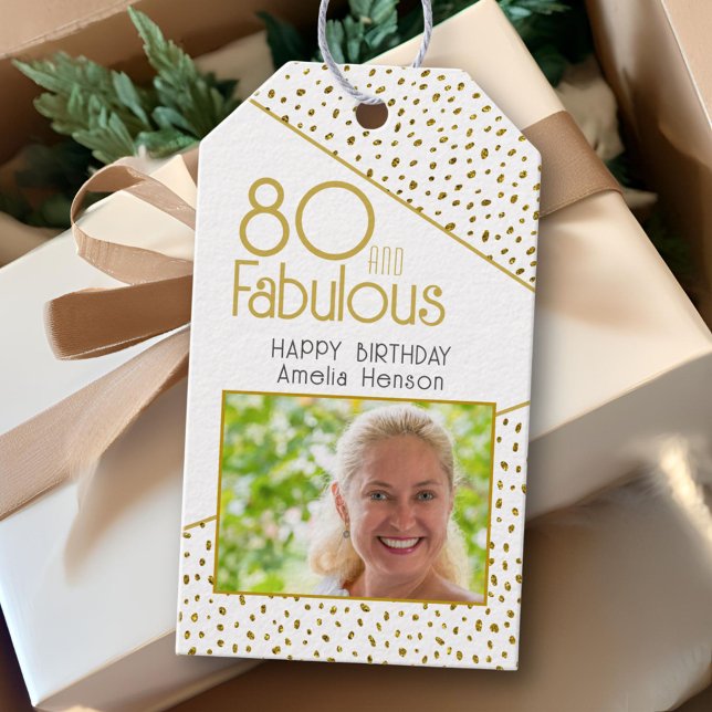 80 och Fabulous Guld Glitter Photo 80 Birthday Presentetikett (Skapare uppladdad)