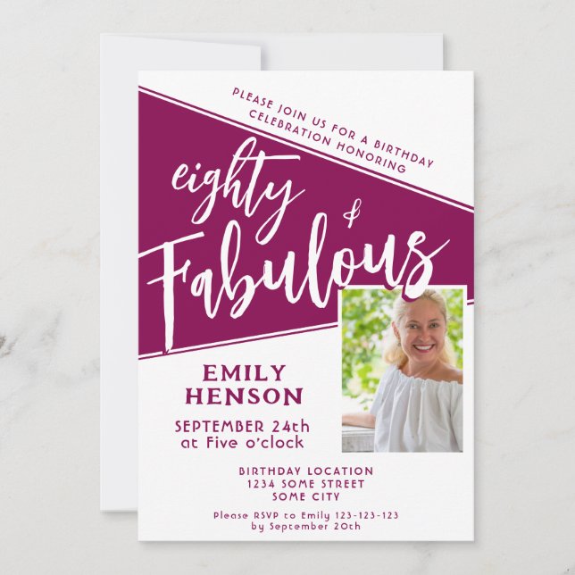 80 och Fabulous Script Magenta Photo 80 Birthday Inbjudningar (Framsida)