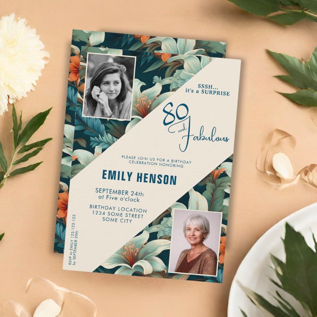 80 och fantastisk blommönster födelsedagsfoto inbjudningar (Skapare uppladdad)