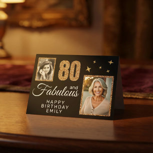 80 och fantastisk guldglitter 2 foto 80-årsdag kort