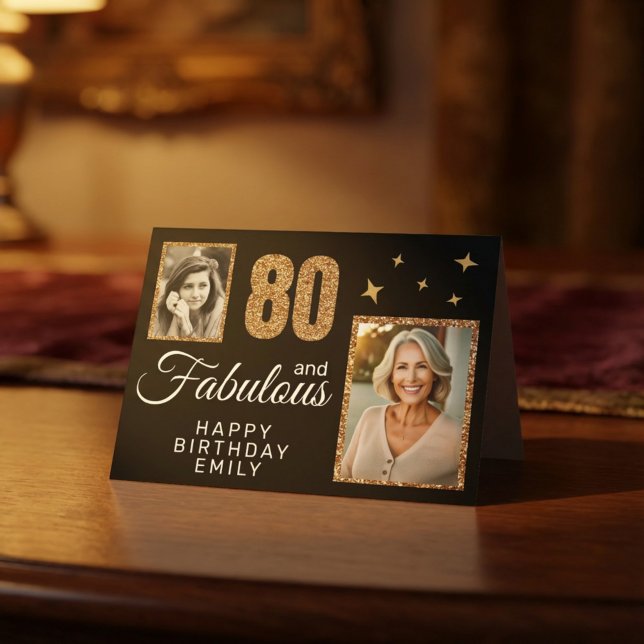 80 och fantastisk guldglitter 2 foto 80-årsdag kort (Skapare uppladdad)