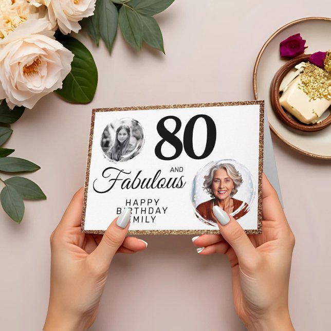80 och fantastisk guldglitter 2 foto 80-årsdag kort (Skapare uppladdad)