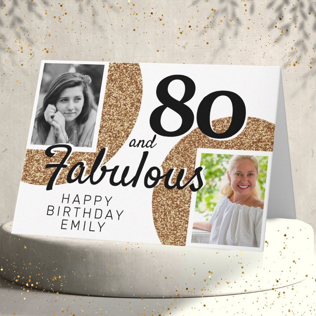 80 och fantastisk guldglitter 2 foto 80-årsdag kort (Skapare uppladdad)