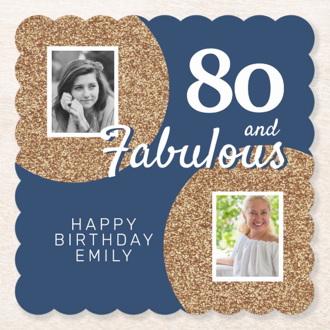 80 och fantastisk guldglitter 2 foto 80-årsdag underlägg papper (Framsida)