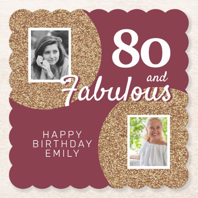 80 och fantastisk guldglitter 2 foto 80-årsdag underlägg papper (Framsida)