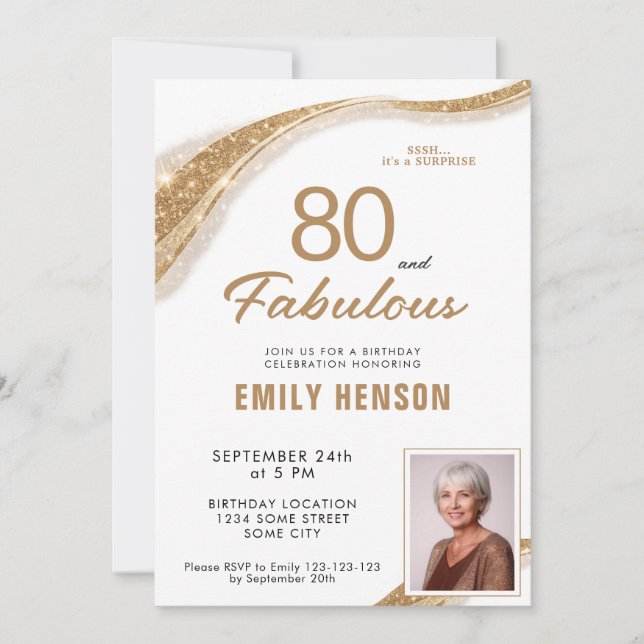 80 och fantastisk guldglitter 80-årsdag inbjudningar (Framsida)