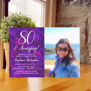 80 och Fantastisk Lila Photo Birthday Inbjudningar