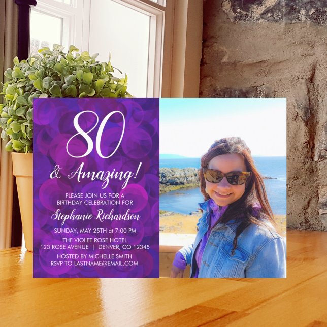 80 och Fantastisk Lila Photo Birthday Inbjudningar (Skapare uppladdad)