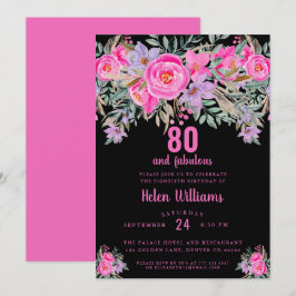 80 och fantastisk svart rosa 80-årsdag inbjudningar