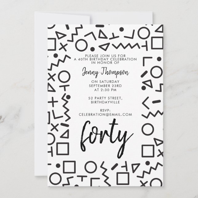 80:s 90-tums svart, vit Retroform-Födelsedagsfest Inbjudningar (Framsida)