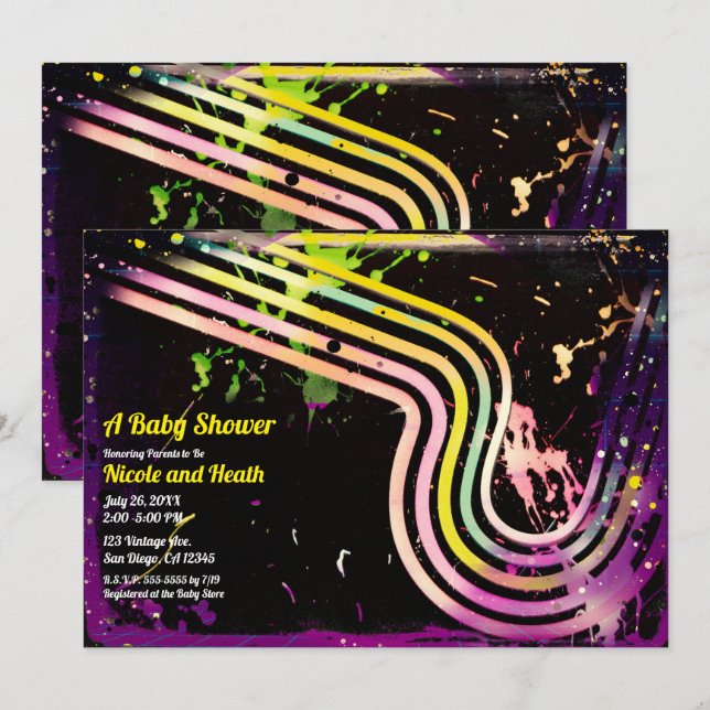80:s Grunge Färg Splatter Retro Baby Shower Inbjudningar (Fram/baksida)