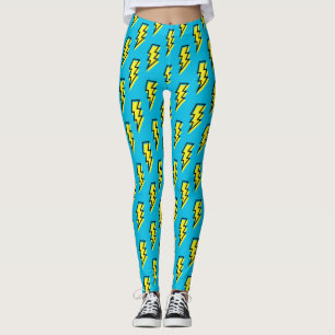 80:s Neon Blue Gult Lightning Bult Mönster Leggings