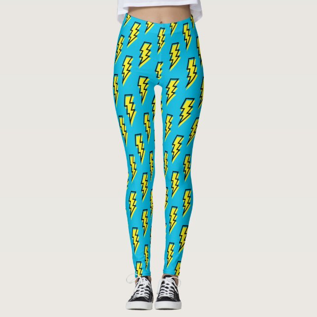 80:s Neon Blue Gult Lightning Bult Mönster Leggings (Framsida)
